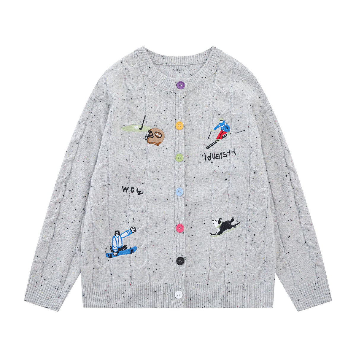 Cable Knit Cardigan Sweater with Cartoon Sport Embroidery & Colorful Buttons