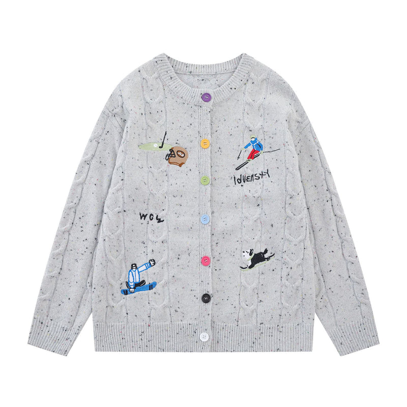 Cable Knit Cardigan Sweater with Cartoon Sport Embroidery & Colorful Buttons