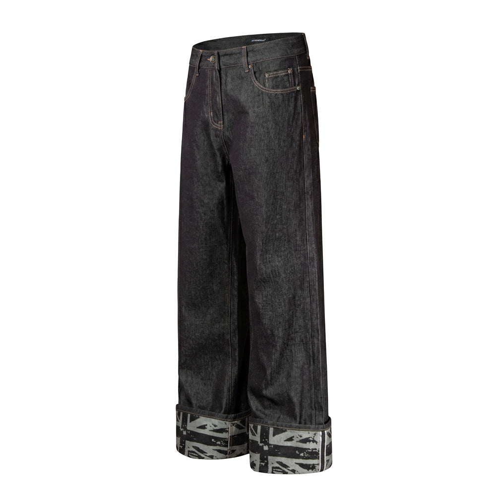 Men's Wide-Leg Raw Denim Jeans with Union Jack Rolled Cuffs & Studded Back