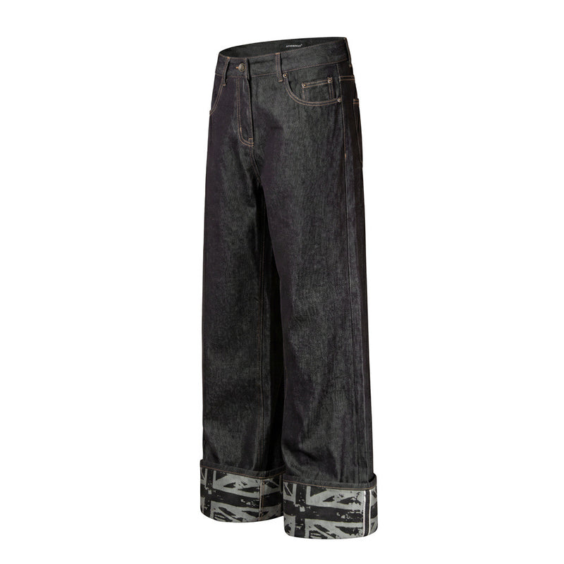Men's Wide-Leg Raw Denim Jeans with Union Jack Rolled Cuffs & Studded Back