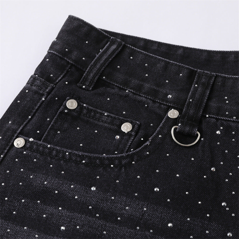 Wide-Leg Rhinestone Denim Shorts – Vintage Washed Straight-Cut Bermuda