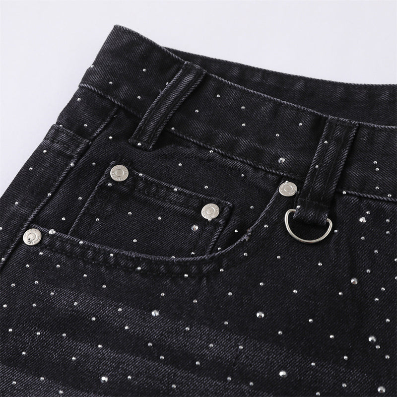Wide-Leg Rhinestone Denim Shorts – Vintage Washed Straight-Cut Bermuda