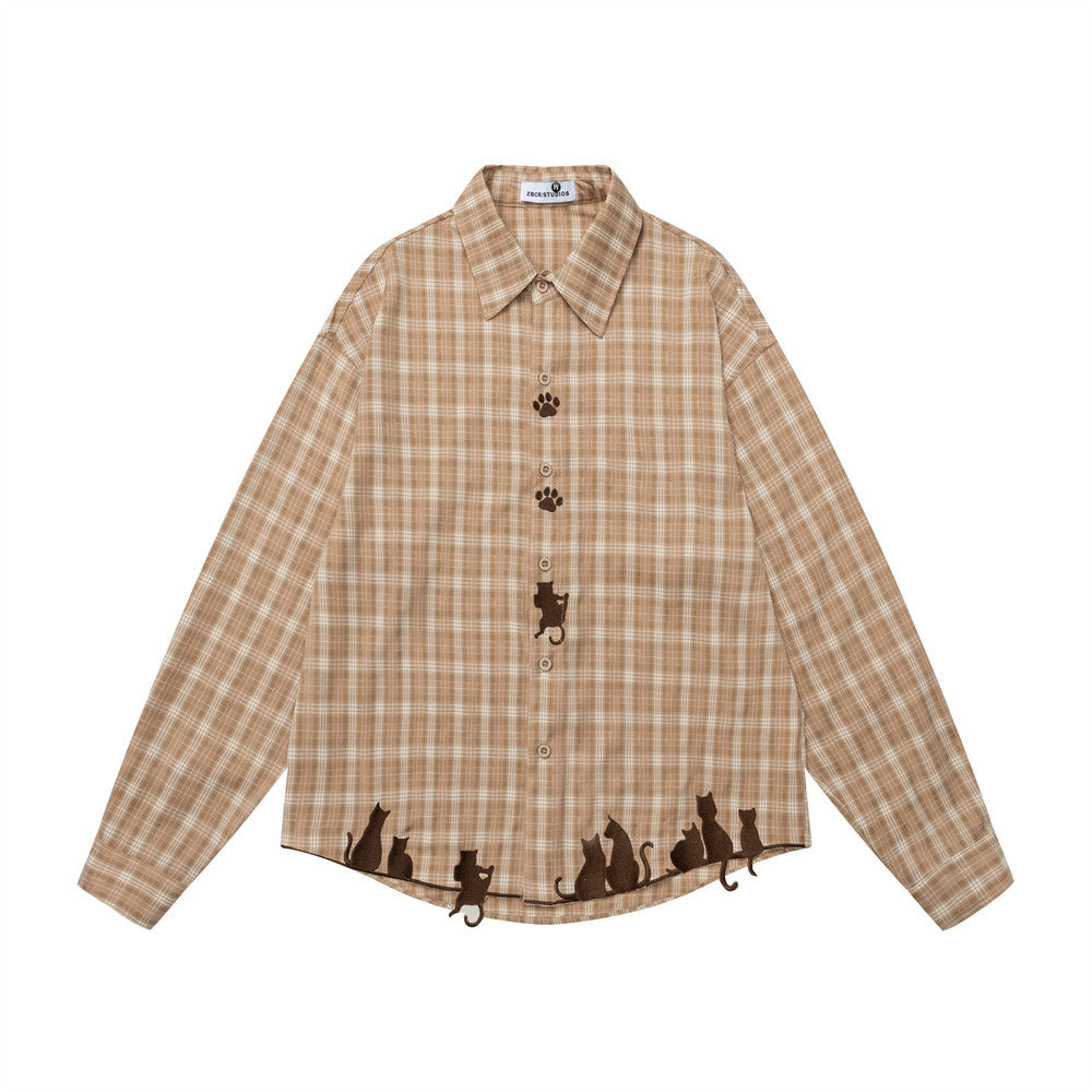 Oversized Langarmhemd mit grünem Karomuster, Katzen-Silhouette und Pfoten-Stickerei an Knopfleiste und Saum