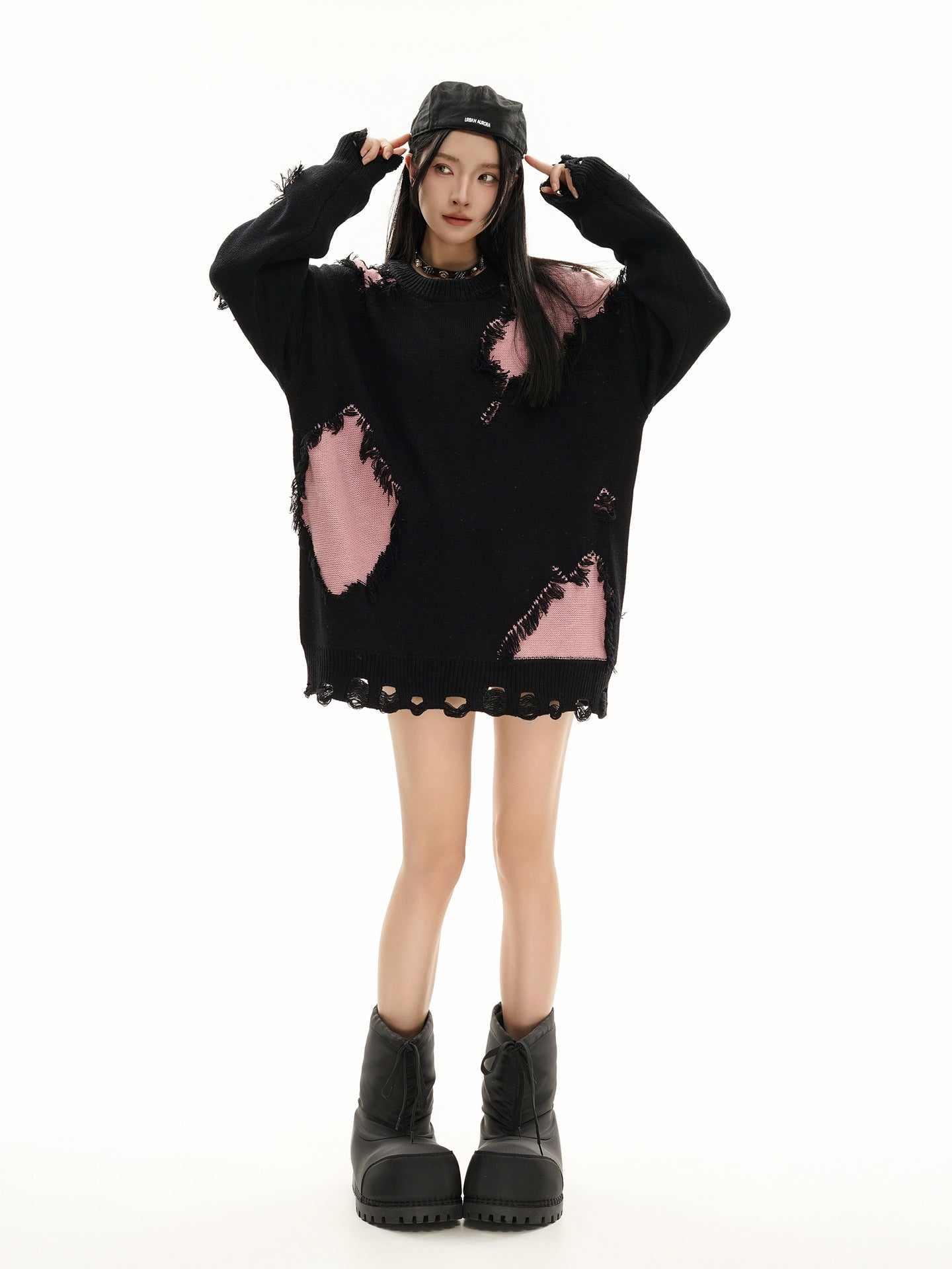 Pull en maille color block effet usé – Pull oversize à franges, style high-street