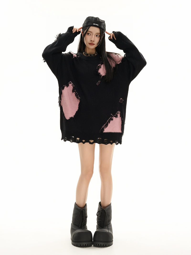 Pull en maille color block effet usé – Pull oversize à franges, style high-street
