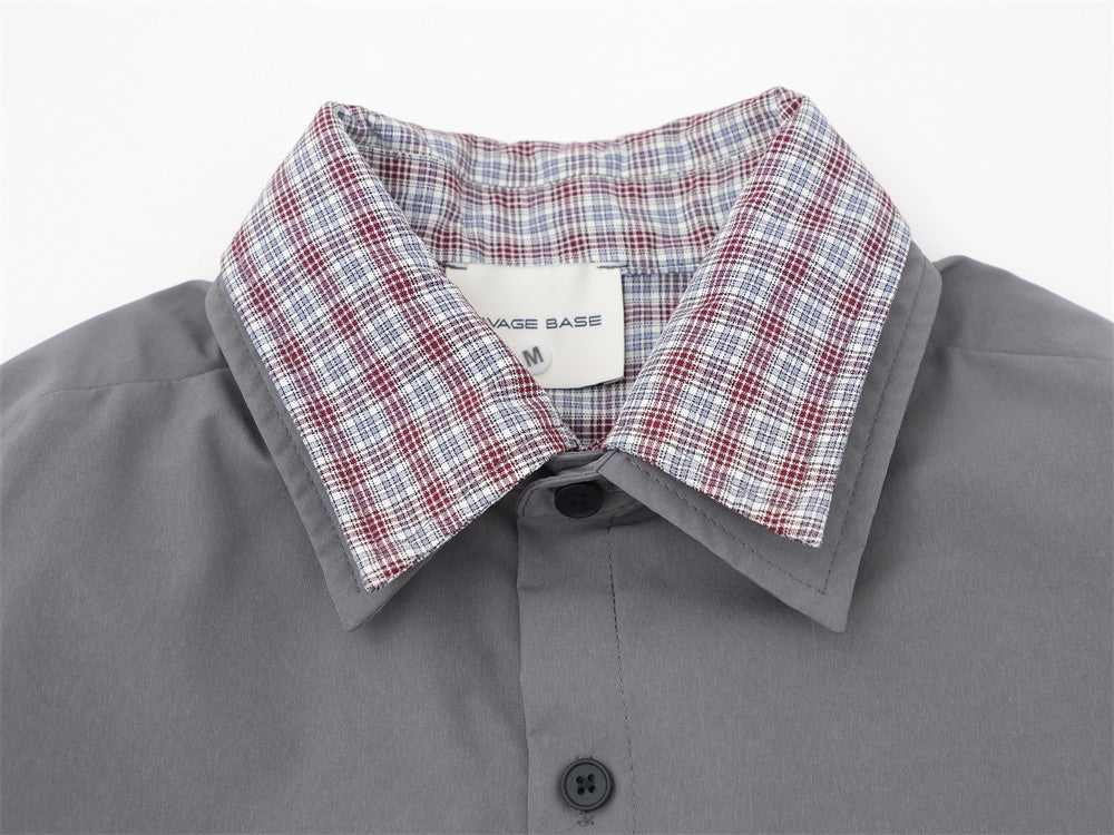 Men's Faux Two-Piece Plaid Collar Long Sleeve Shirt – Double-Layer Spliced