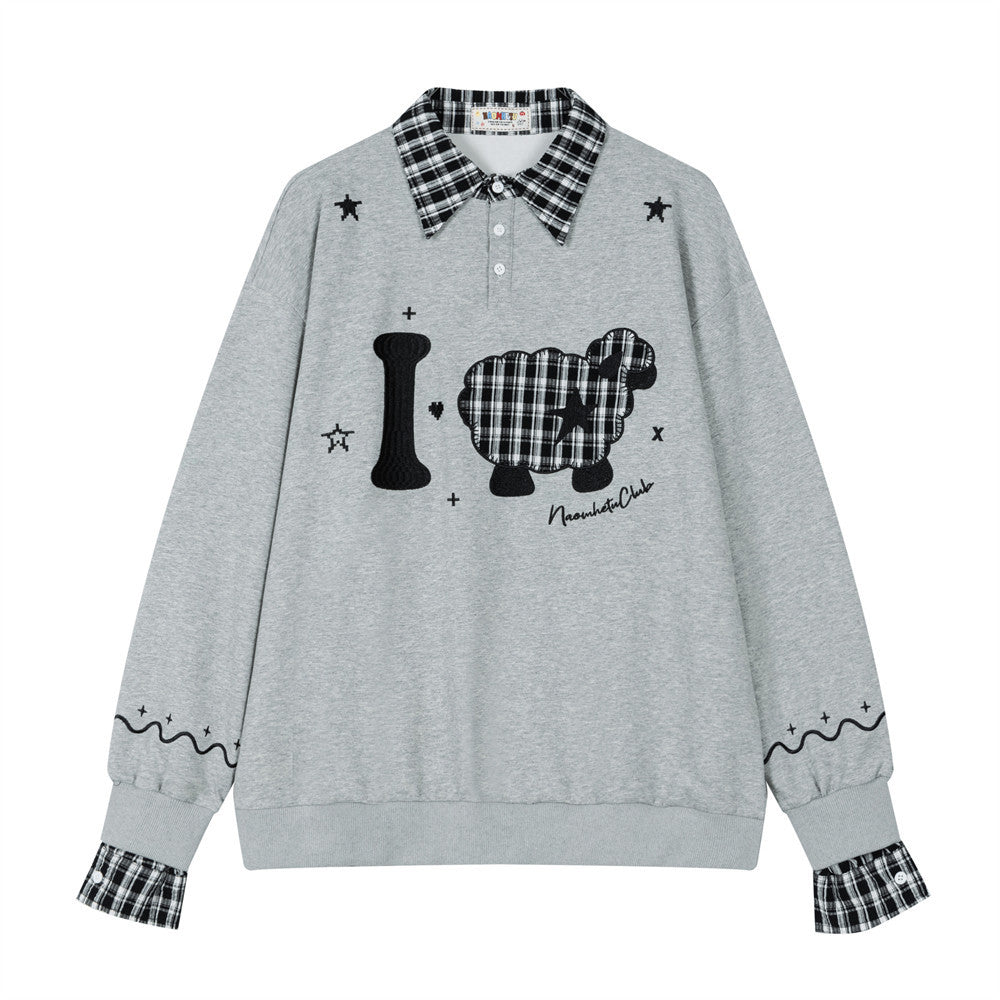 Layered-Look Plaid Collar Sweatshirt with Cartoon Sheep Appliqué