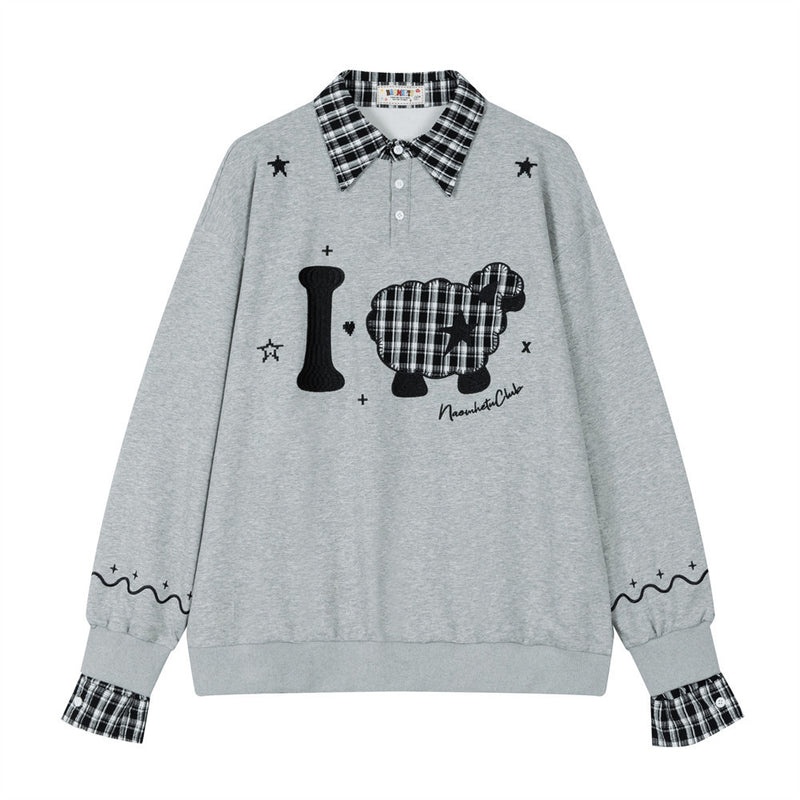 Layered-Look Plaid Collar Sweatshirt with Cartoon Sheep Appliqué