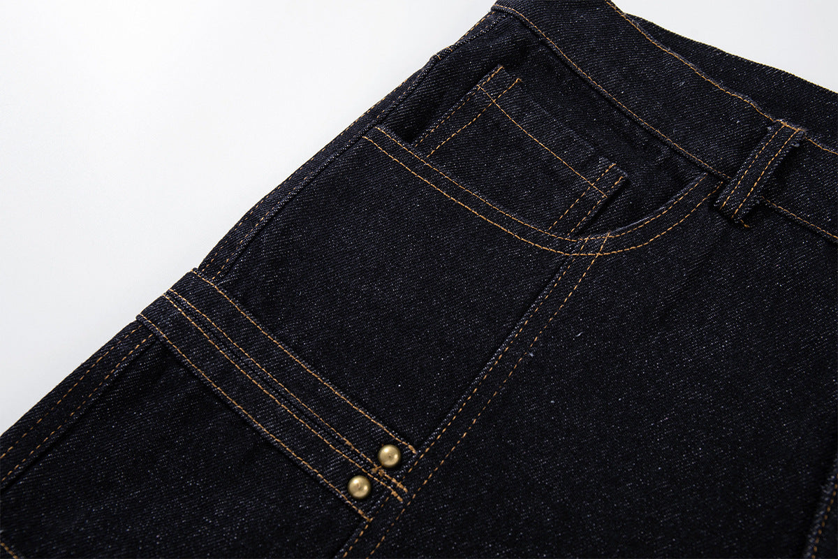 Jean brut baggy à jambes larges, pantalon cargo avec braguette à boutons dorés et détails cloutés