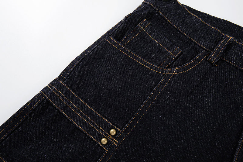 Jean brut baggy à jambes larges, pantalon cargo avec braguette à boutons dorés et détails cloutés