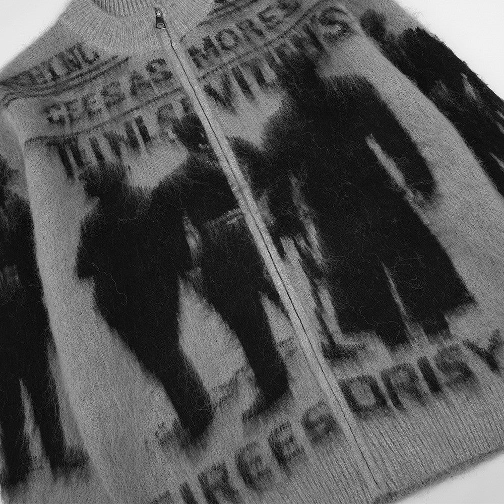 Dark Silhouette Figure Zip-Up Knit Cardigan Sweater – Oversized Streetwear