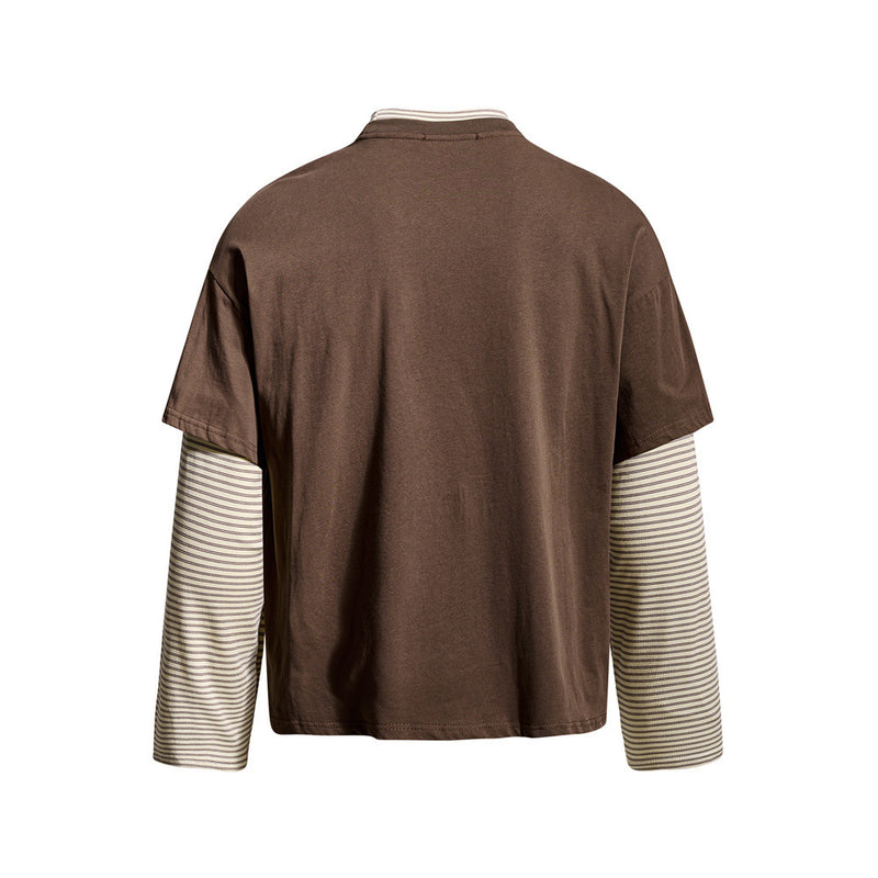 Glitch Mode Faux Two-Piece Long Sleeve Graphic Tee – Striped Layer Oversized Fit