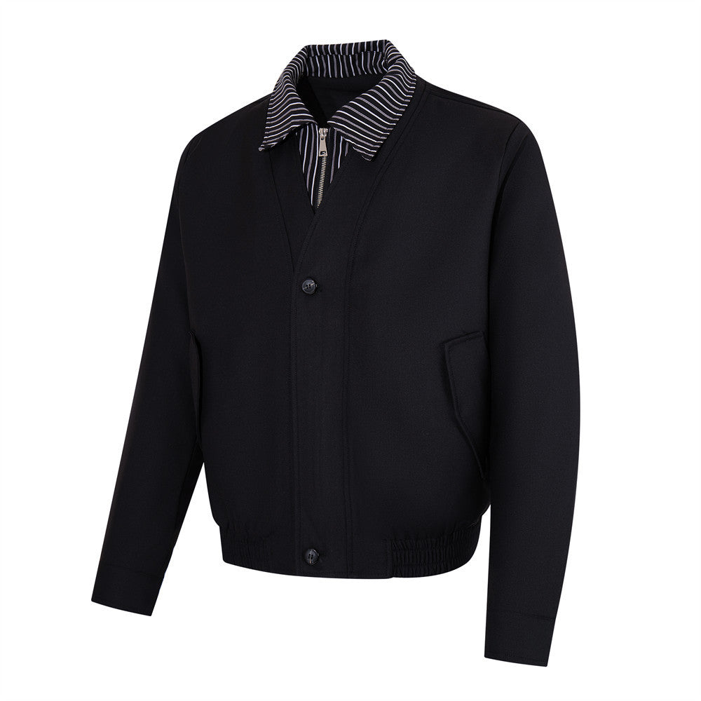 Men's black bomber jacket with striped layered collar, front zip and button placket, relaxed oversized fit