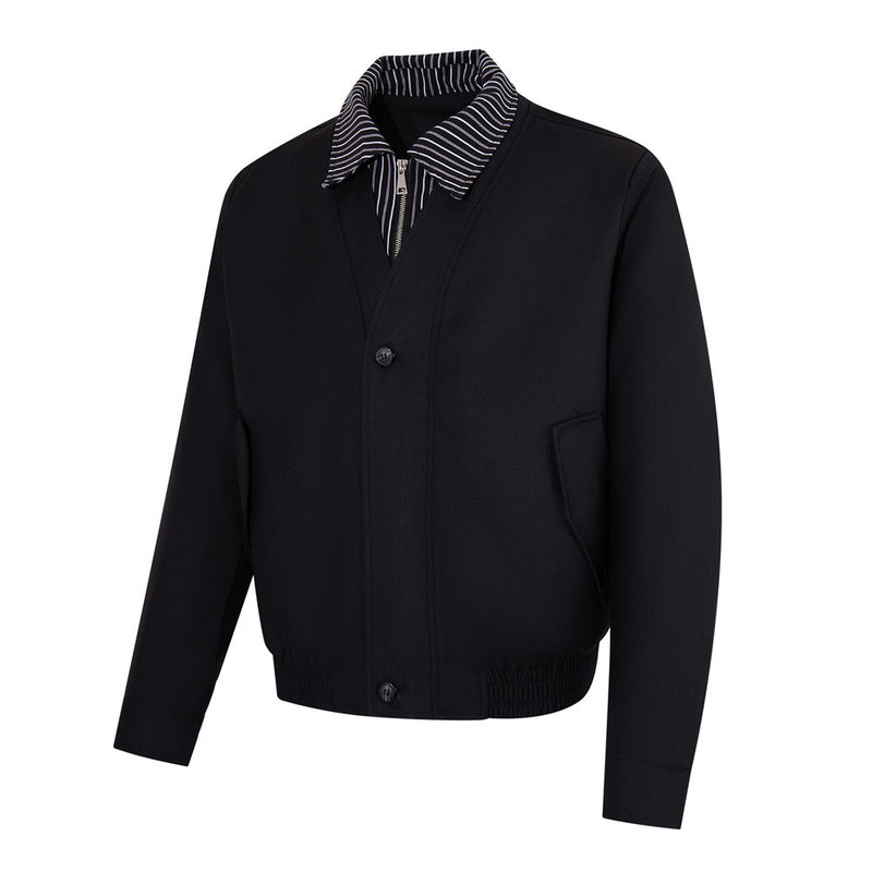 Men's black bomber jacket with striped layered collar, front zip and button placket, relaxed oversized fit