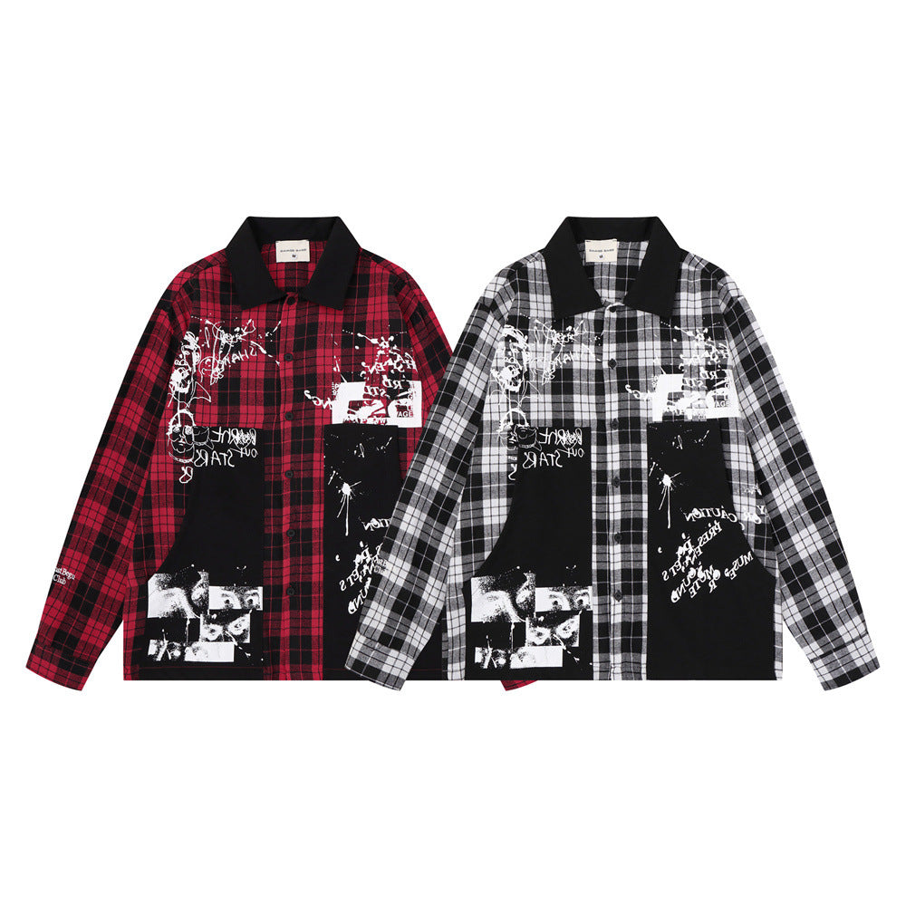 Camisa de franela oversize con estampado de cuadros y grafiti – Patchwork de manga larga para hombre