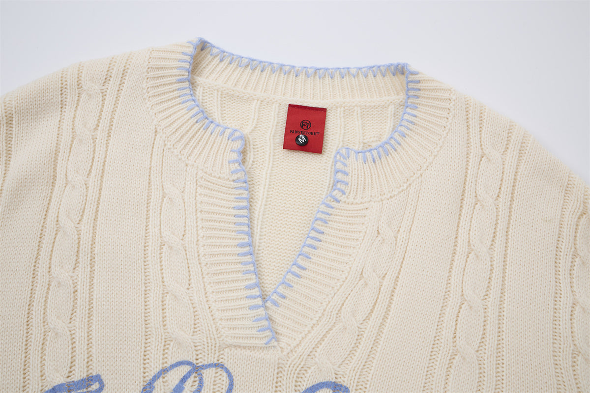 Cable Knit V-Neck Sweater – Varsity '24 Star Graphic, Relaxed Unisex Fit