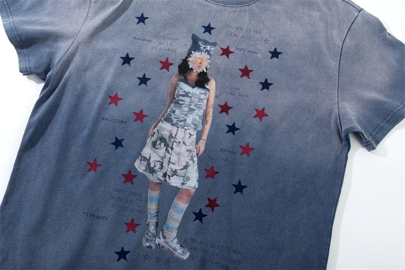 Men's Oversized Graphic Tee – Star Print Washed Short Sleeve T-Shirt