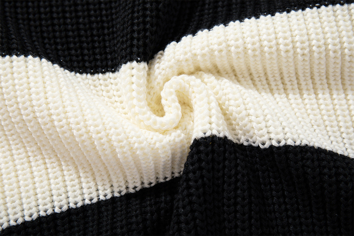 Black and White Striped Sweater – Polo Collar Knit Rugby Pullover