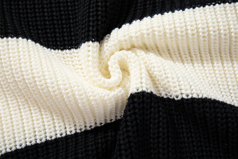 Black and White Striped Sweater – Polo Collar Knit Rugby Pullover