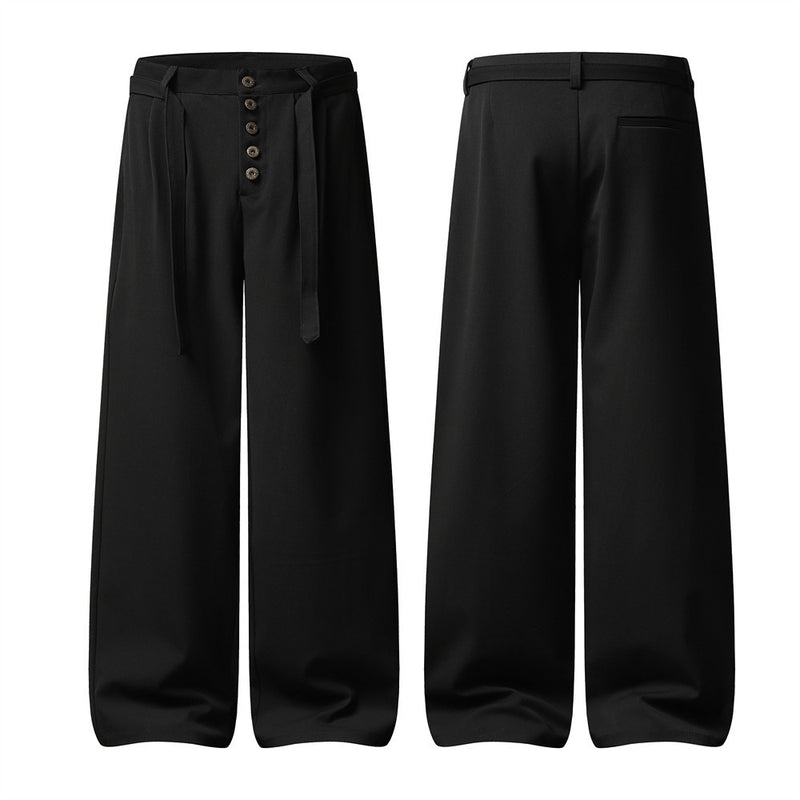 Men's Wide-Leg Dress Pants – Black Button-Fly Pleated Trousers with Belt