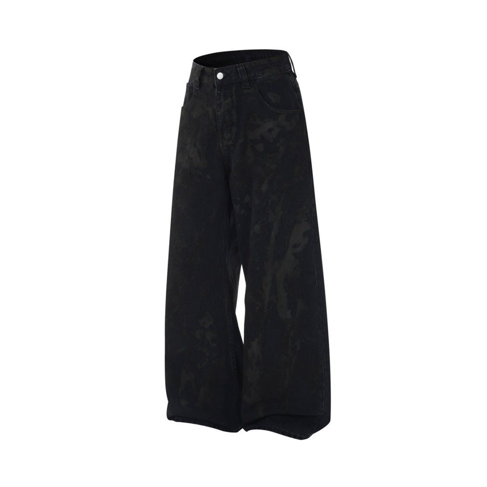 Men Black Baggy Jeans – Tie-Dye Washed Wide-Leg Denim Pants