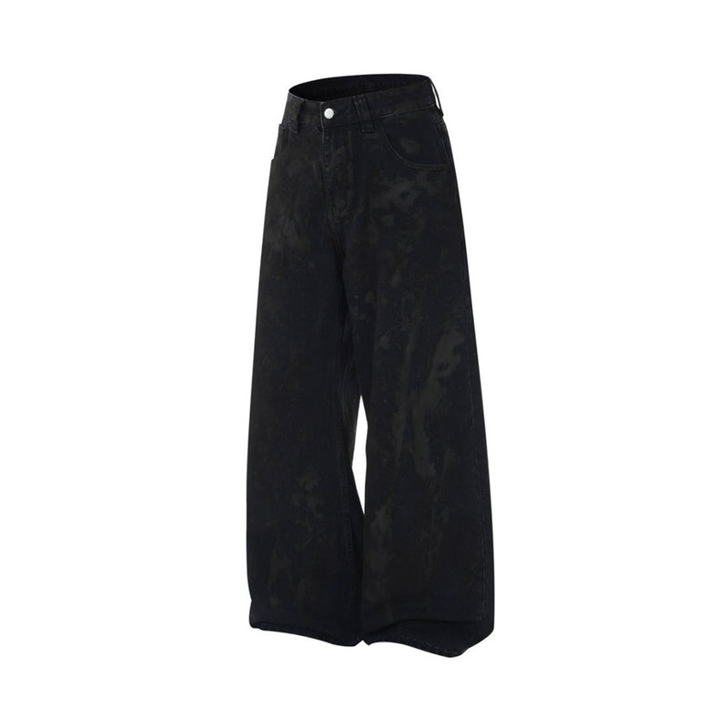 Men Black Baggy Jeans – Tie-Dye Washed Wide-Leg Denim Pants