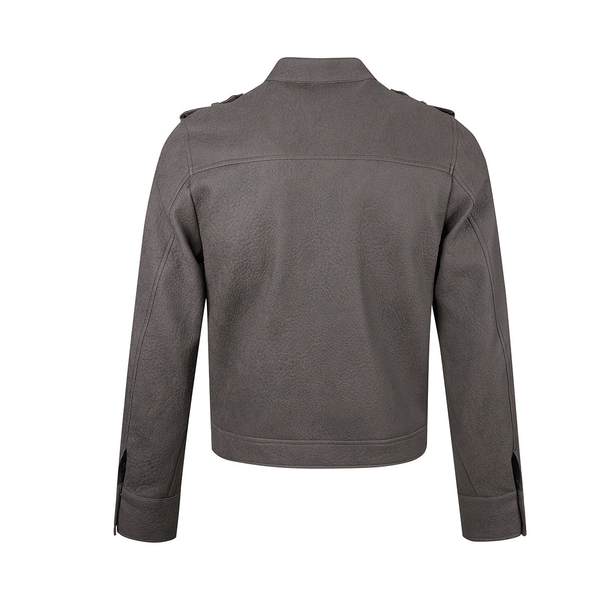 Military-Style Faux Leather Jacket with Double-Breasted Buttons & Zip Front