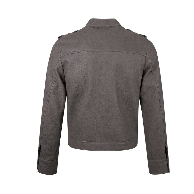 Military-Style Faux Leather Jacket with Double-Breasted Buttons & Zip Front