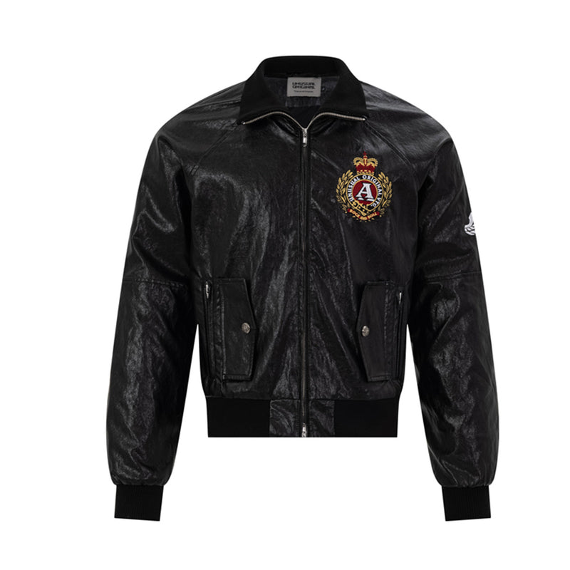 Blouson bomber en similicuir PU brodé – Style vintage racing et flight américain