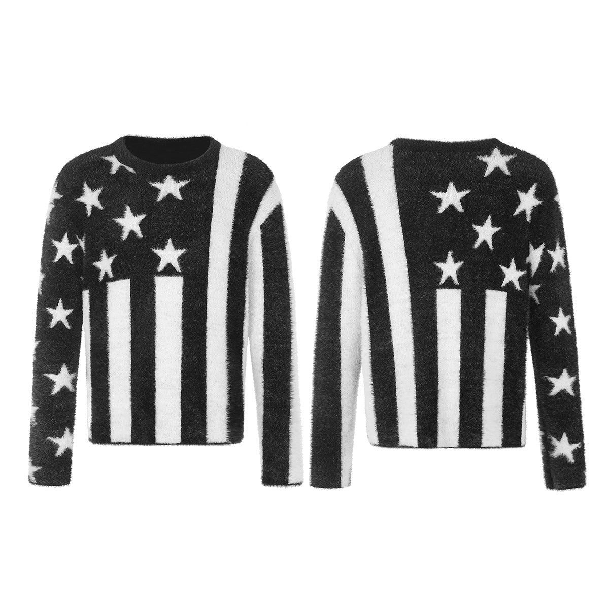 Stars & Stripes Fuzzy Knit Sweater – Black & White American Flag Pattern