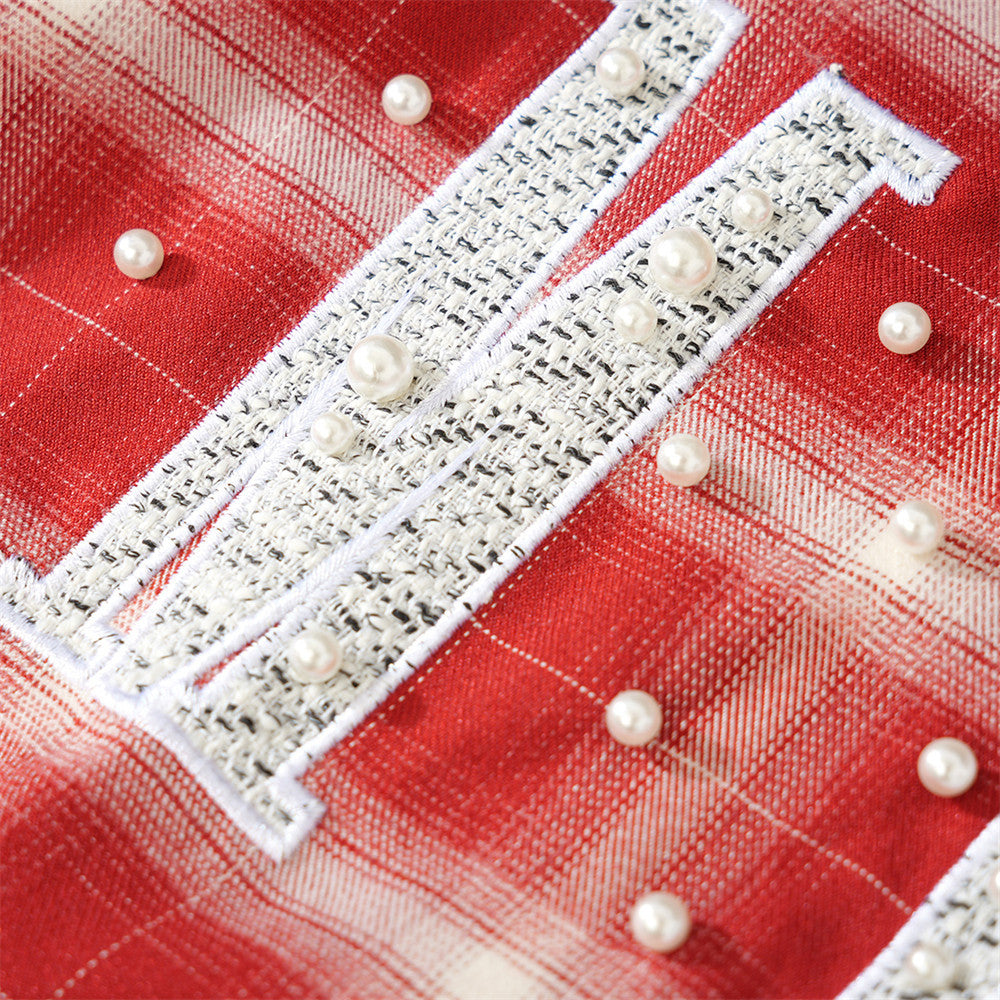 Plaid Short-Sleeve Shirt with Embroidered Letter Patch & Pearl Studs