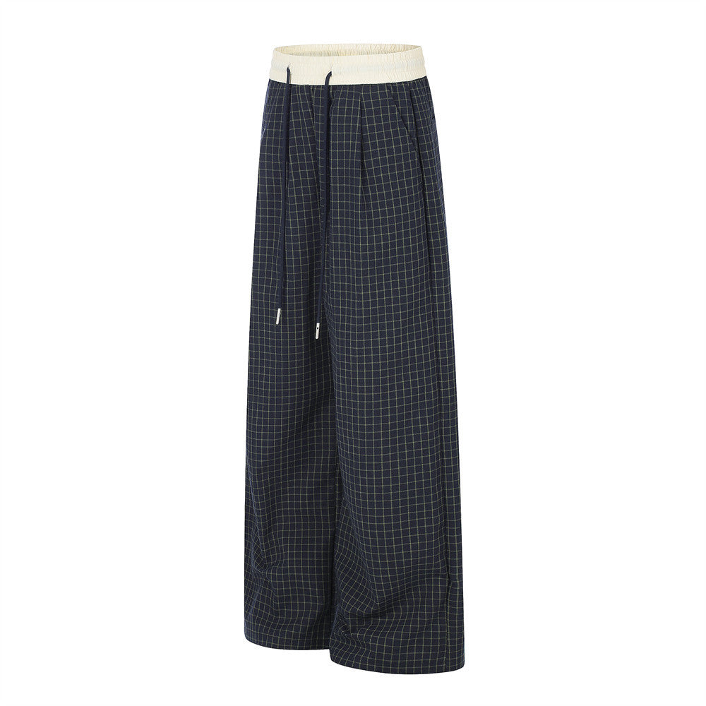 Wide-Leg Plaid Trousers – Elastic Waist Drawstring Contrast Band