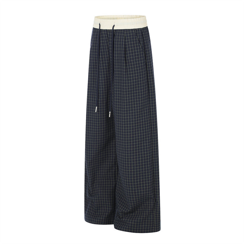 Wide-Leg Plaid Trousers – Elastic Waist Drawstring Contrast Band