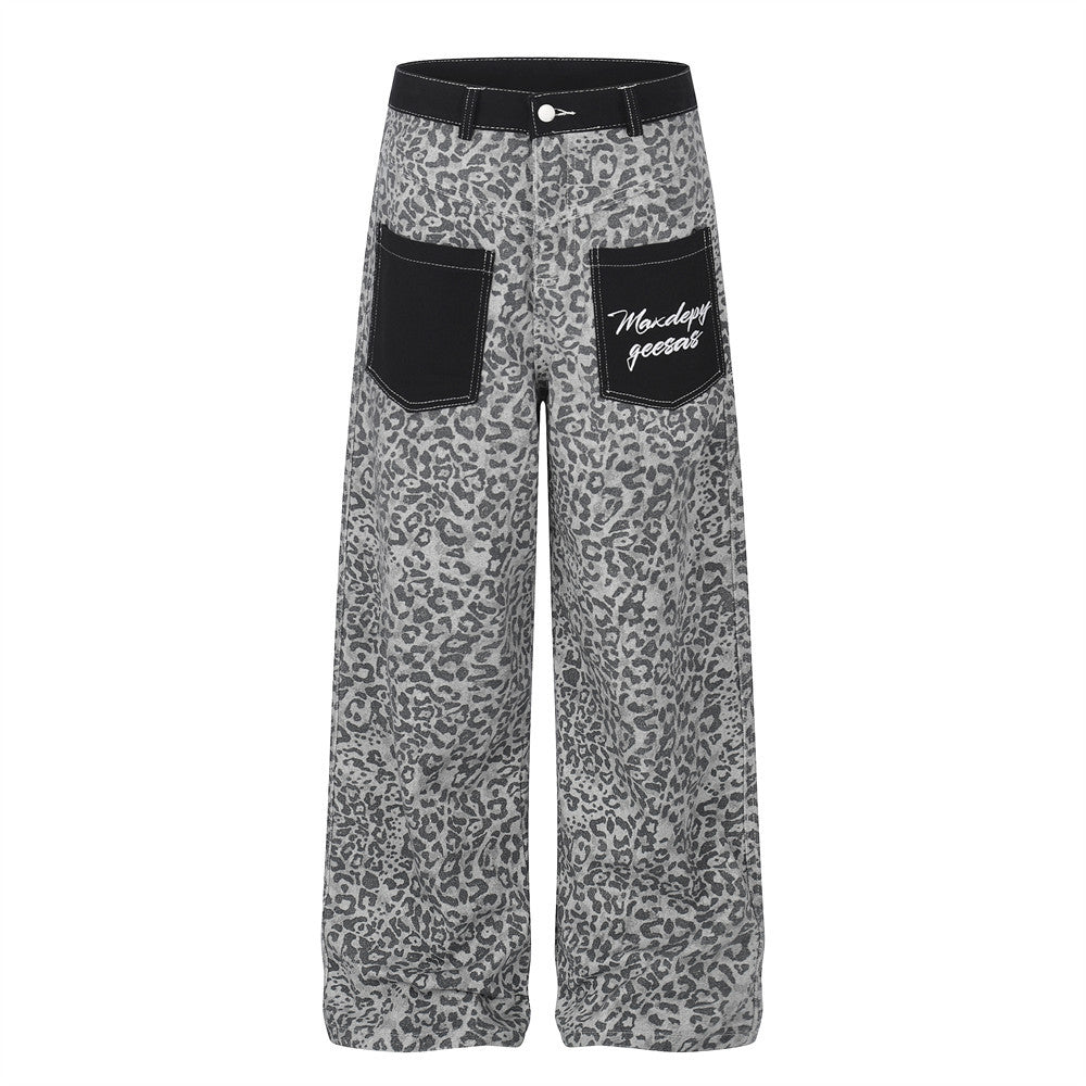 Leopard Print Wide-Leg Cargo Pants – Contrast Pocket Embroidered Streetwear Trou