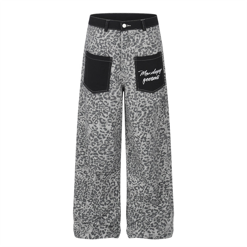 Leopard Print Wide-Leg Cargo Pants – Contrast Pocket Embroidered Streetwear Trou