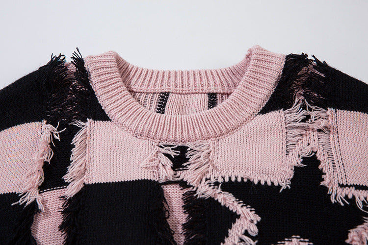 Pull oversize en maille rayée à étoiles délavée – Col rond à franges