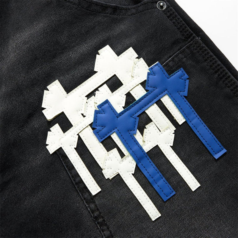 Black Washed Wide-Leg Cargo Jeans with Cross Embroidery Patches