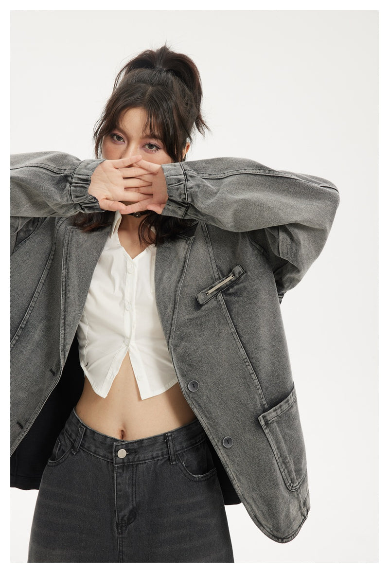 Oversized Washed Denim Blazer Jacket – Vintage Grey Black