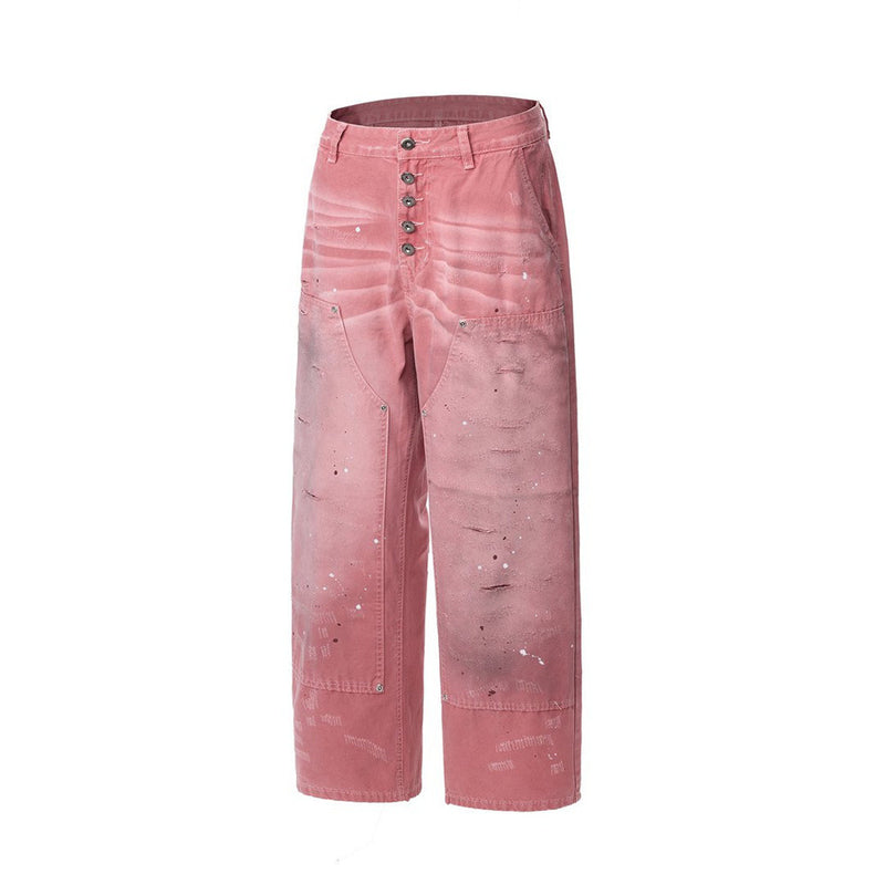 Rosa Wide-Leg-Canvas-Hose mit Destroyed-Details – Paint-Splatter-Workwear-Jeans