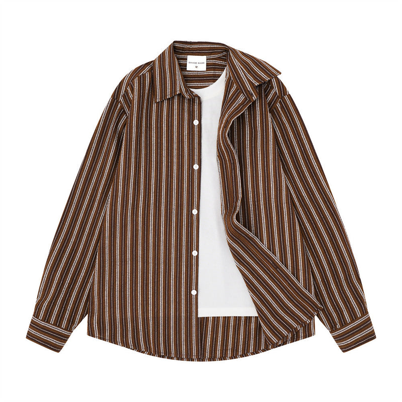 Brown striped long sleeve shirt with faux layered white inner front panel