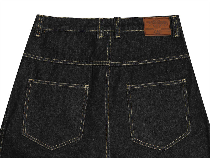 Men's Raw Black Denim Wide-Leg Jeans – Deconstructed Button Fly & Diagonal Seam