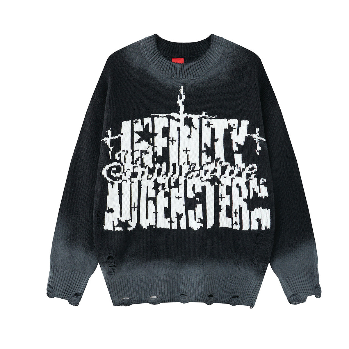 Pull col rond en maille – Graffiti usé, dégradé délavé à l’acide