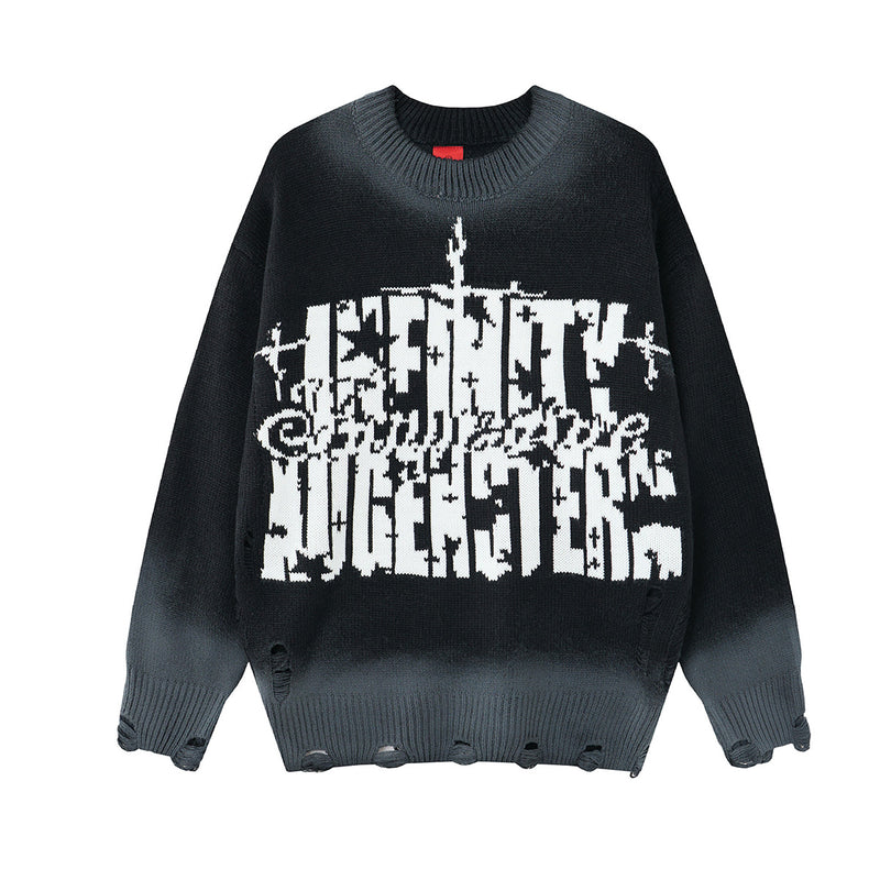 Pull col rond en maille – Graffiti usé, dégradé délavé à l’acide