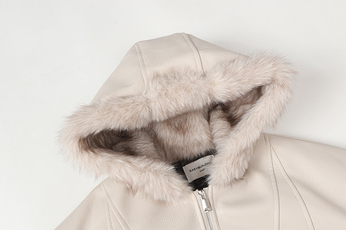 Faux Leather Hooded Bomber Jacket with Faux Fur Collar & Padded Lining