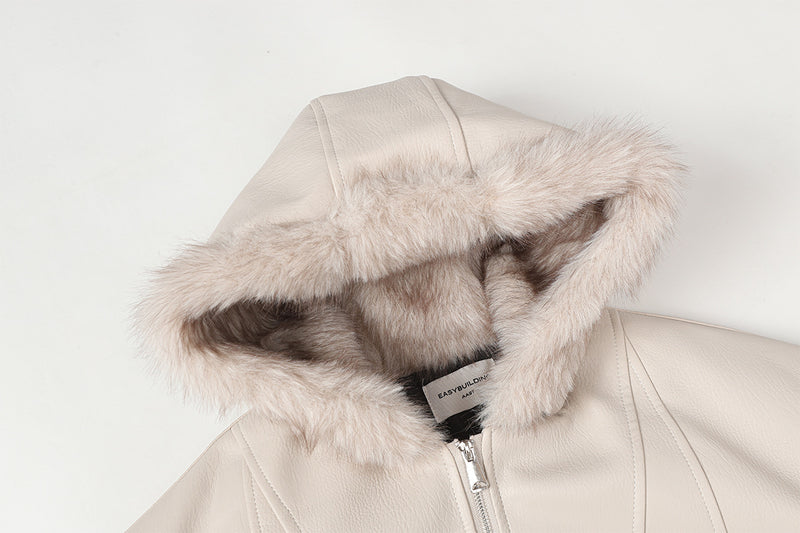 Faux Leather Hooded Bomber Jacket with Faux Fur Collar & Padded Lining