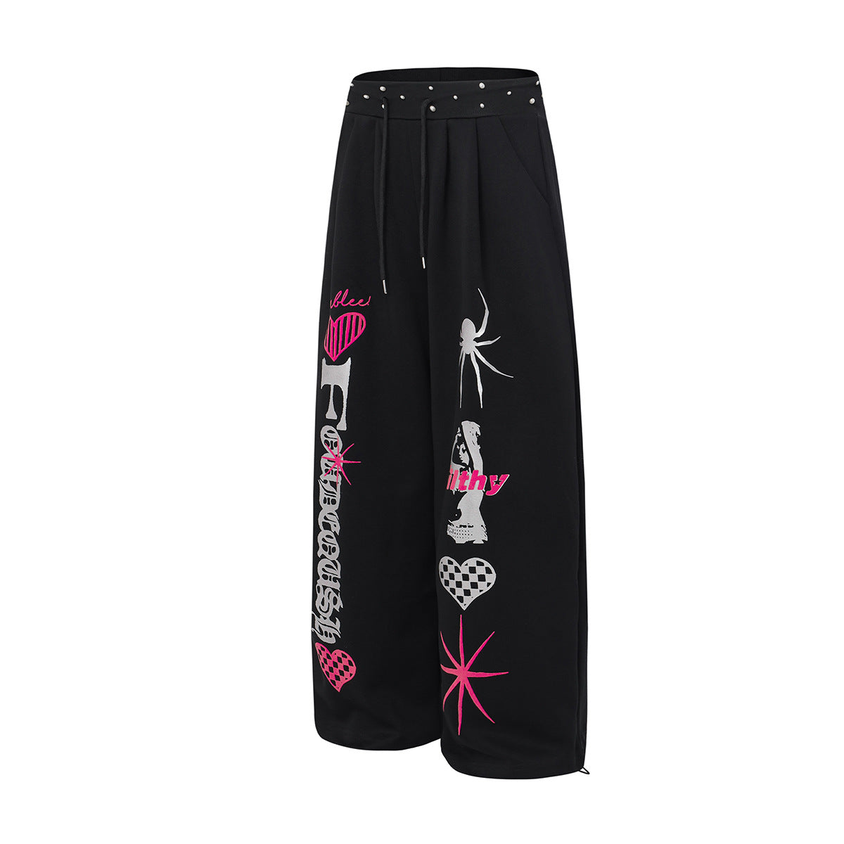 High-Waist-Hose mit weitem Bein – Streetwear-Hose mit Gothic-Grafikprint