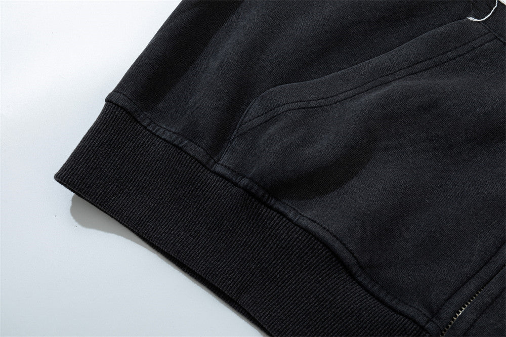 Fur Trim Zip-Up Hoodie with Letter Patch Appliqué and Washed Finish
