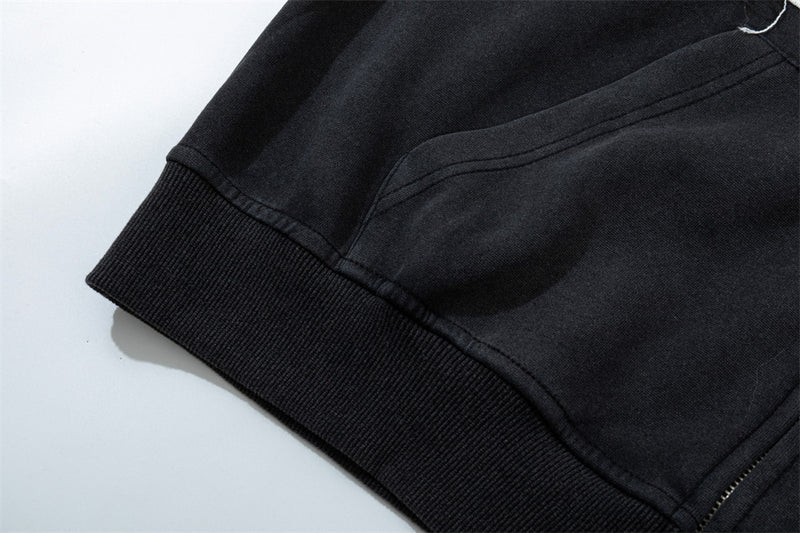 Fur Trim Zip-Up Hoodie with Letter Patch Appliqué and Washed Finish