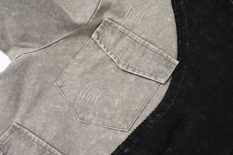 Acid Wash Colorblock Long Sleeve Sweatshirt with Cargo Pockets