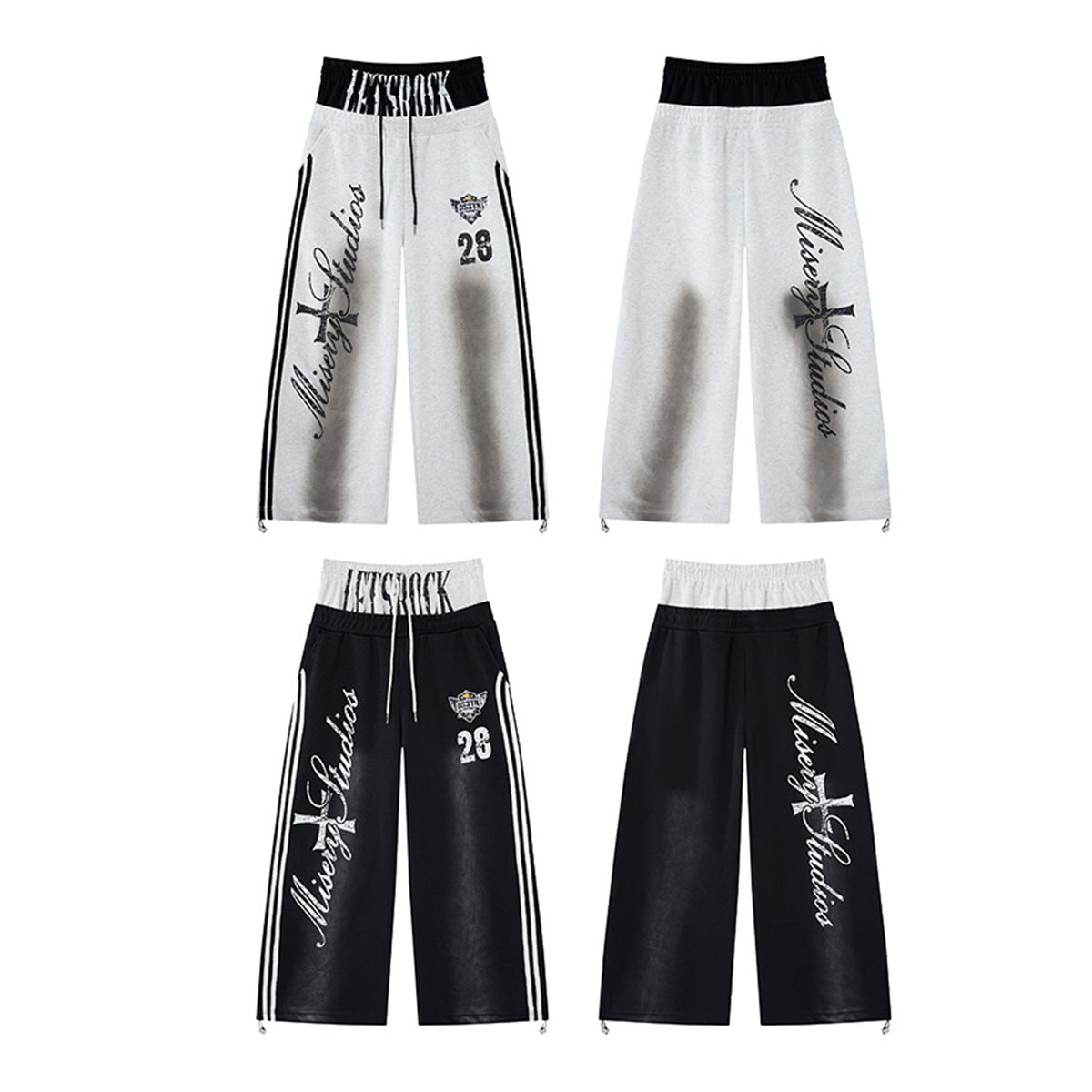 Pantalon de survêtement ample à jambes larges avec bandes latérales, fausse double ceinture et imprimé graphique
